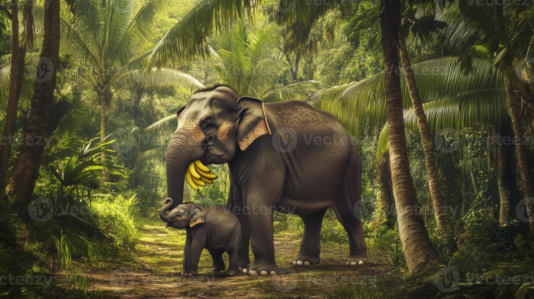 Elephants enjoy a peaceful moment in the lush jungle with bananas under the warm sun photo