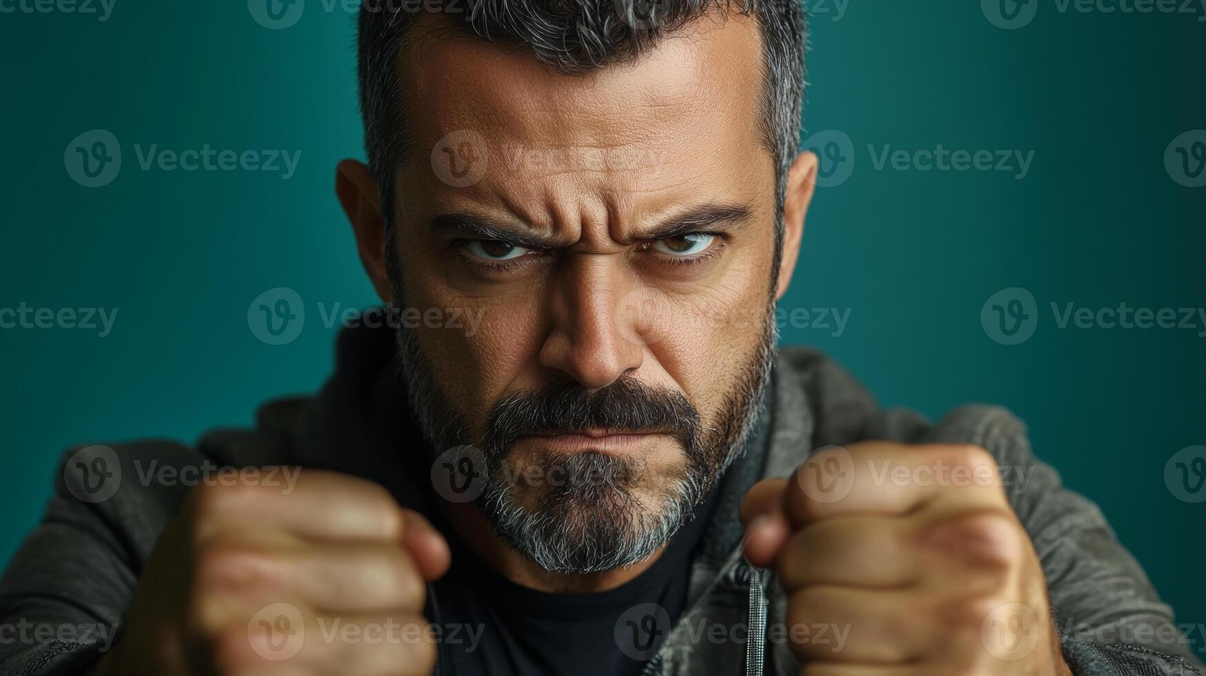 Intense close-up of a man showing determination and strength in a dramatic expression during an indoor photo session