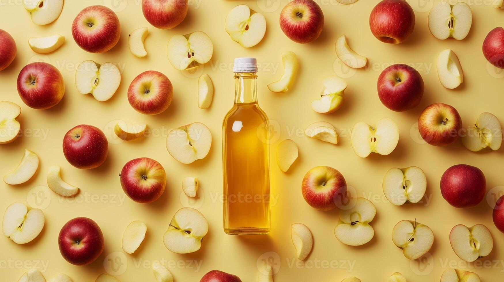 Fresh apples and clear bottle of apple juice surrounded by apple slices on a yellow background photo