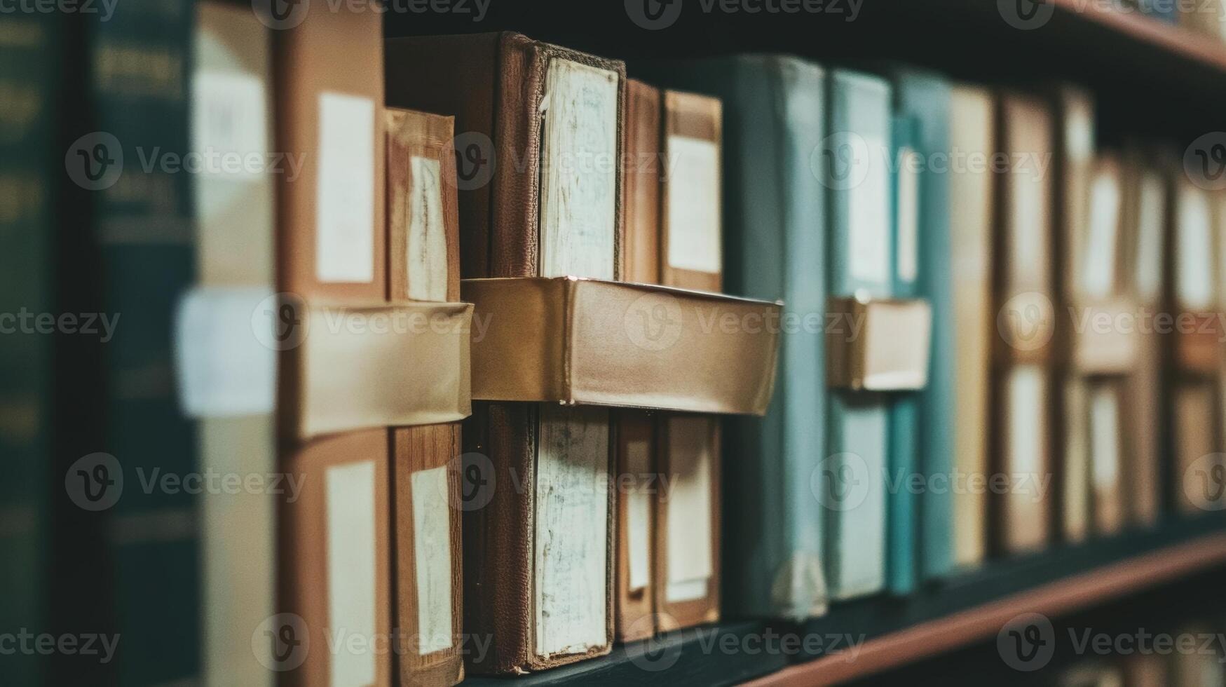 Old library books arranged on a shelf in a historical archive during daylight hours photo