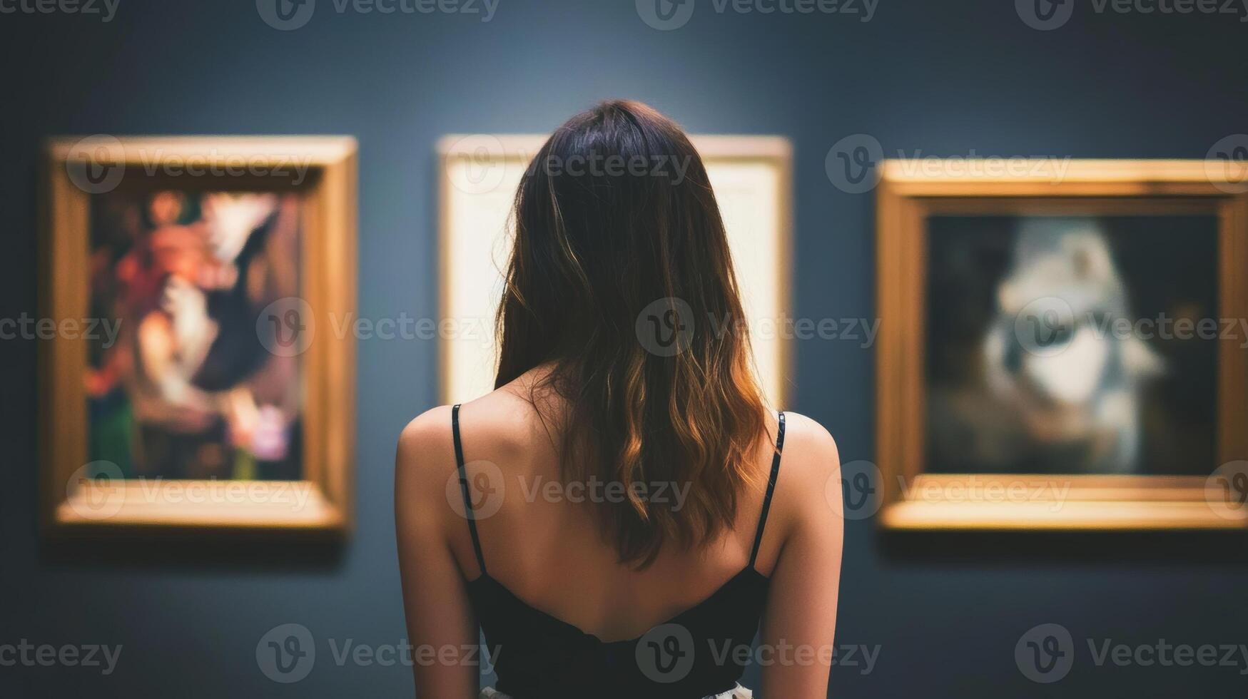 Woman studies artwork in an art gallery highlighting creativity and expression during an evening visit photo