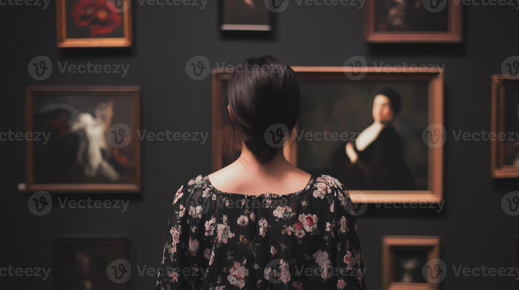 Visitor admires classic paintings in an art gallery during an evening exhibition in a modern setting photo