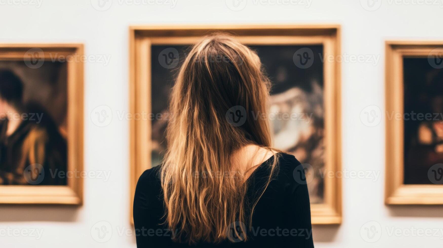 Exploring art in a gallery while admiring classic paintings in an intimate setting photo
