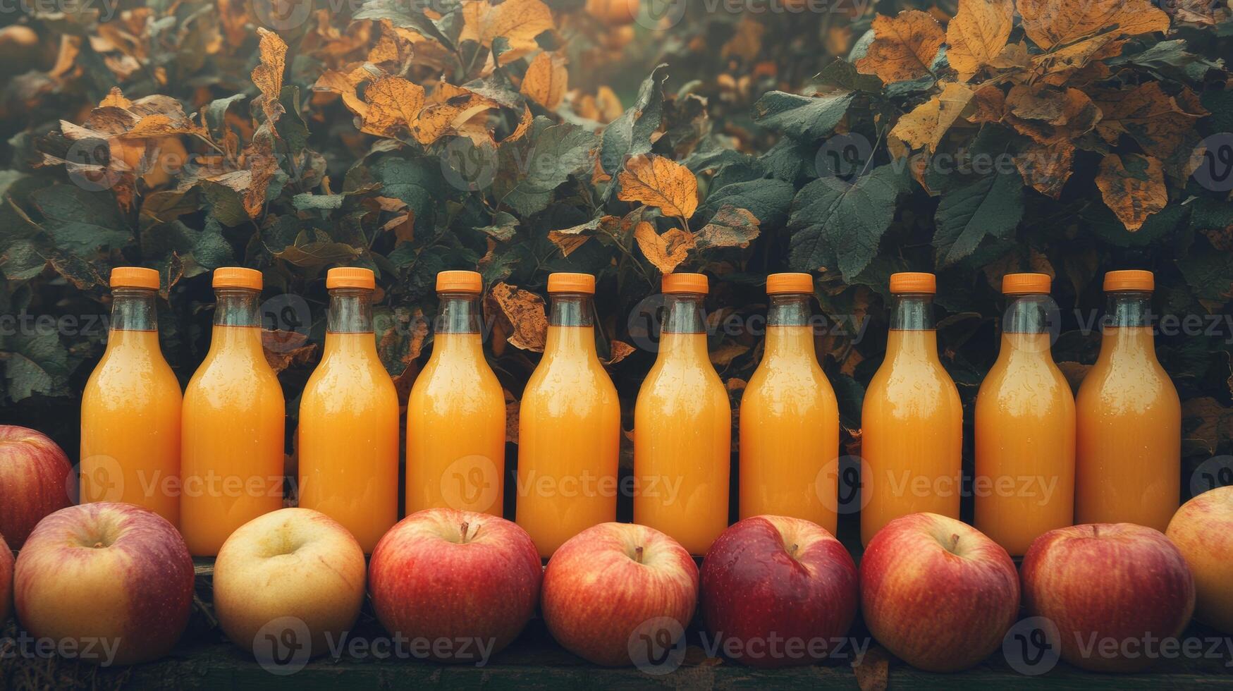 Fresh apple juice bottles lined up among ripe apples in a vibrant orchard during autumn mornings photo