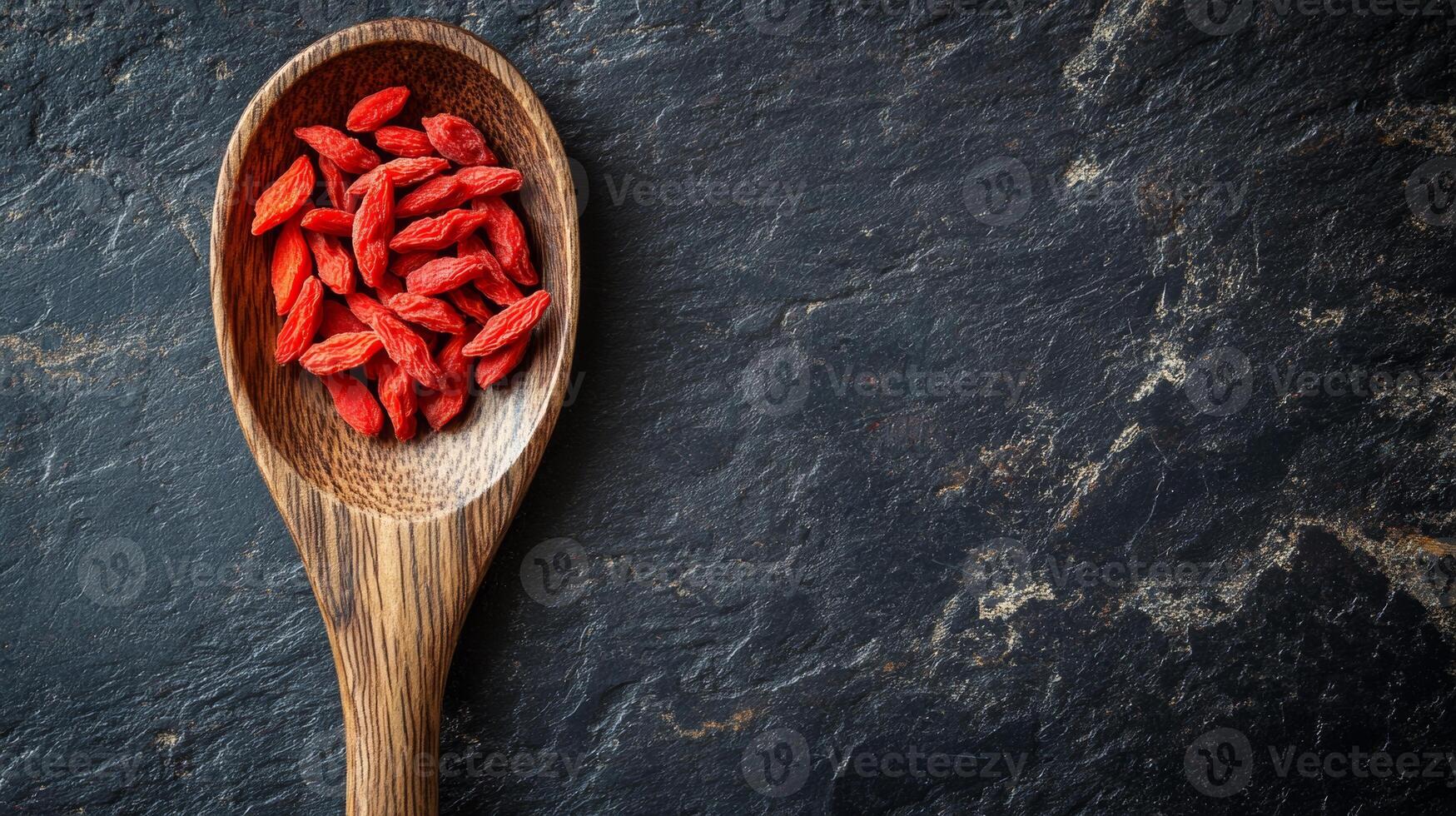 Goji berries served in a wooden spoon on a dark stone surface for healthy eating and nutrition photo