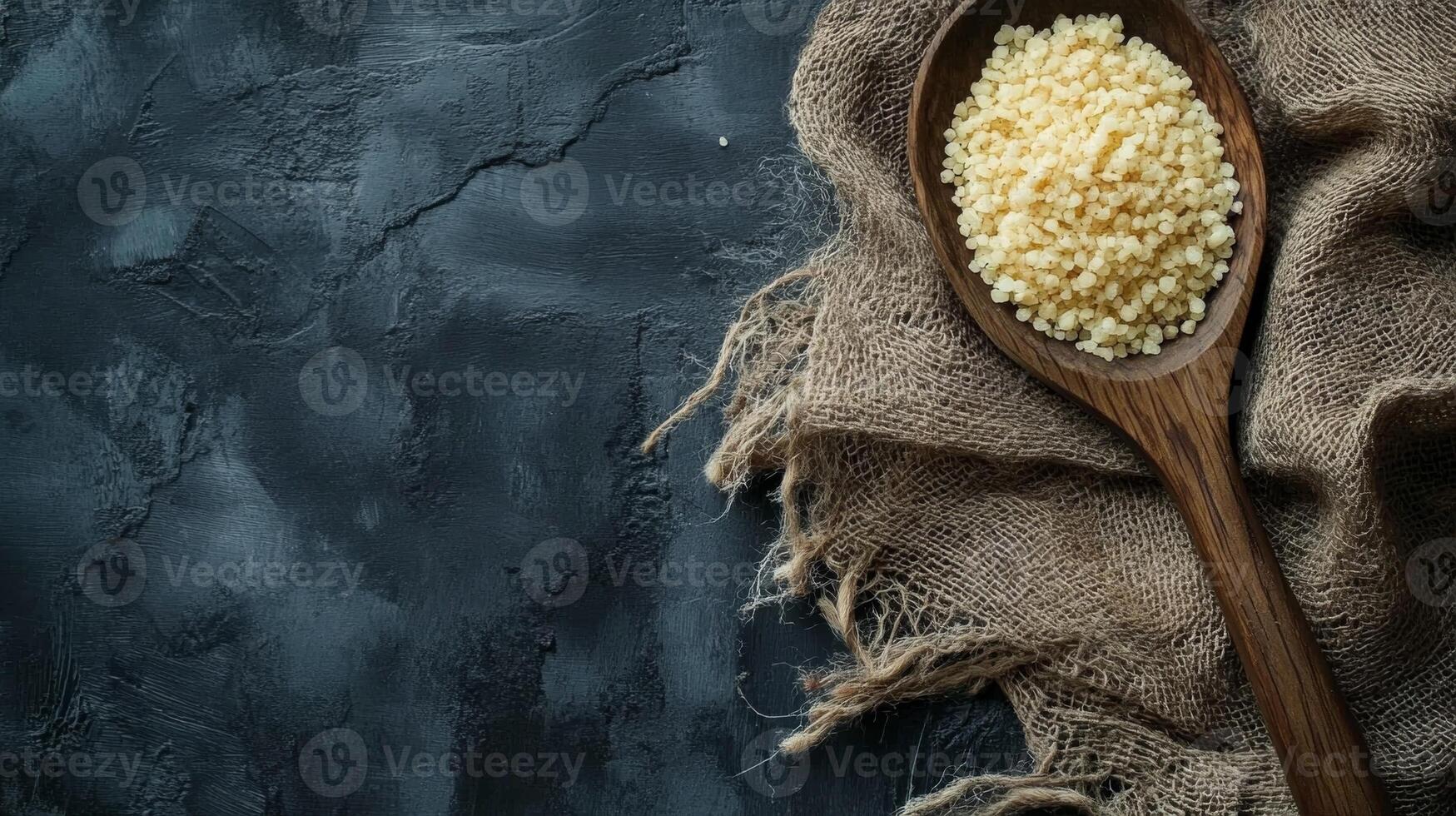 Couscous in a wooden spoon resting on a textured surface with rustic burlap cloth nearby photo