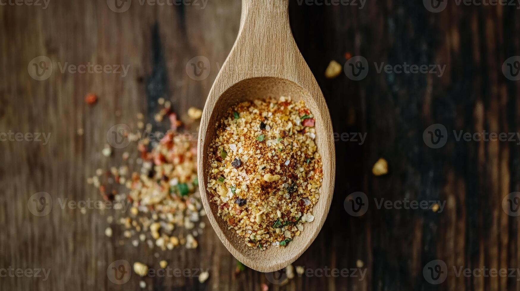 Colorful spice blend in a wooden spoon on a rustic wooden surface during daylight photo