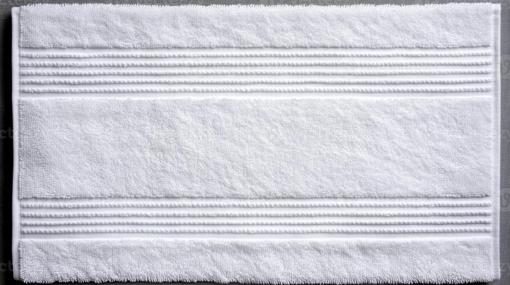Soft white bath towel with textured stripes on a clean surface ready for use after a relaxing bath or shower photo