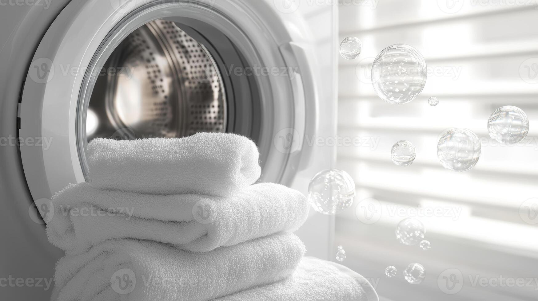 Freshly laundered white towels piled beside a washing machine in a bright laundry room photo