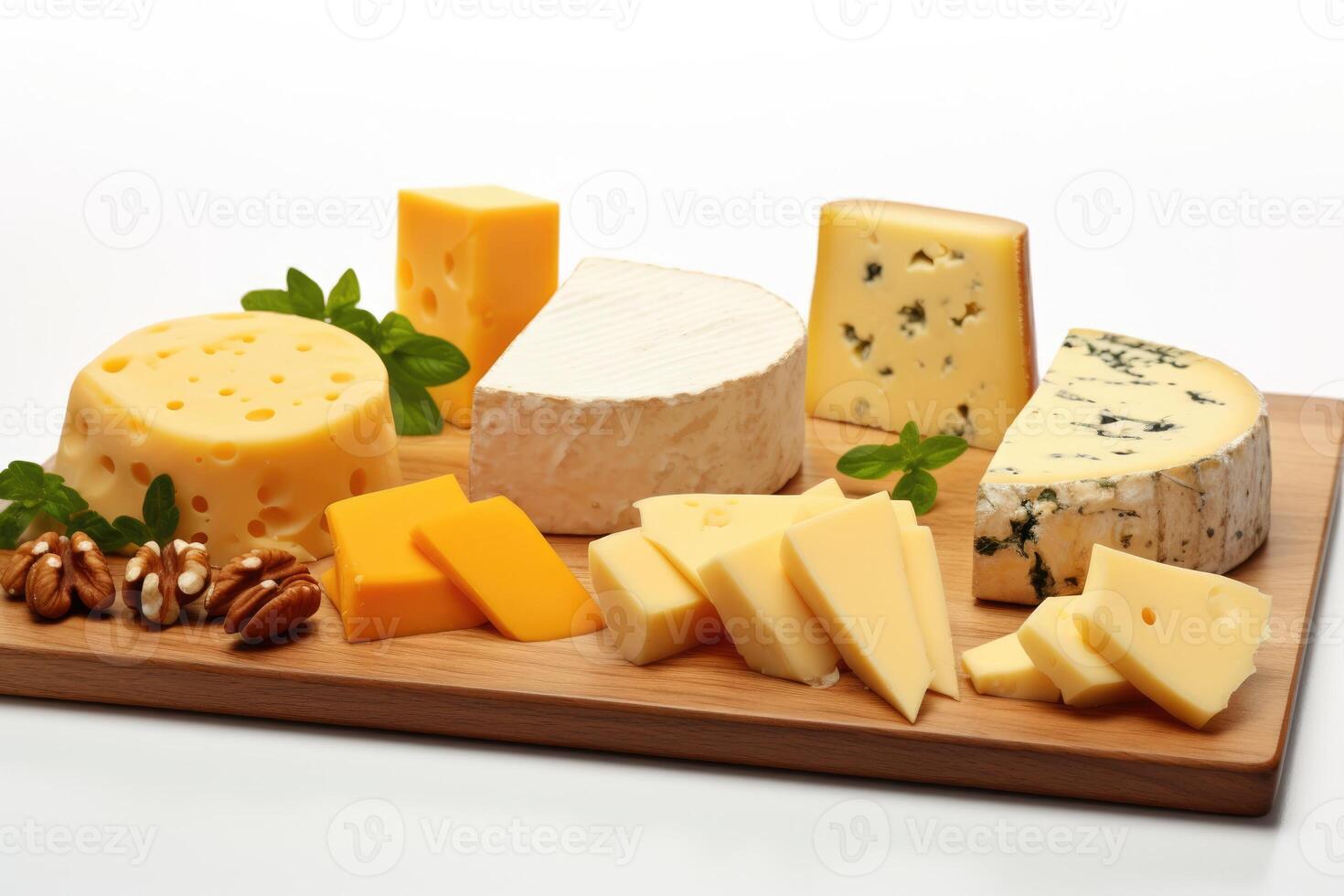 Wooden board with different types of cheese on a white background photo