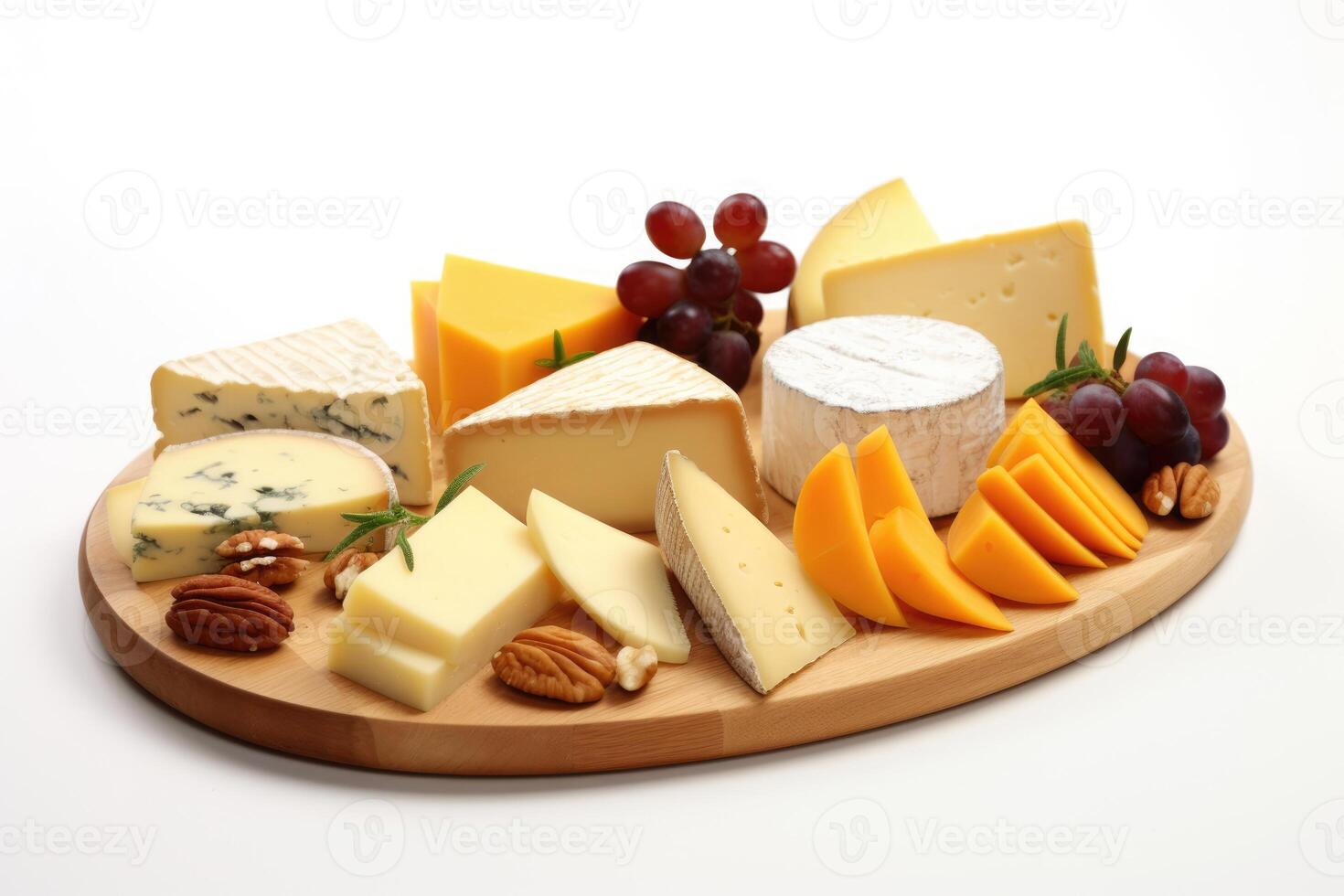 Wooden board with different types of cheese on a white background photo