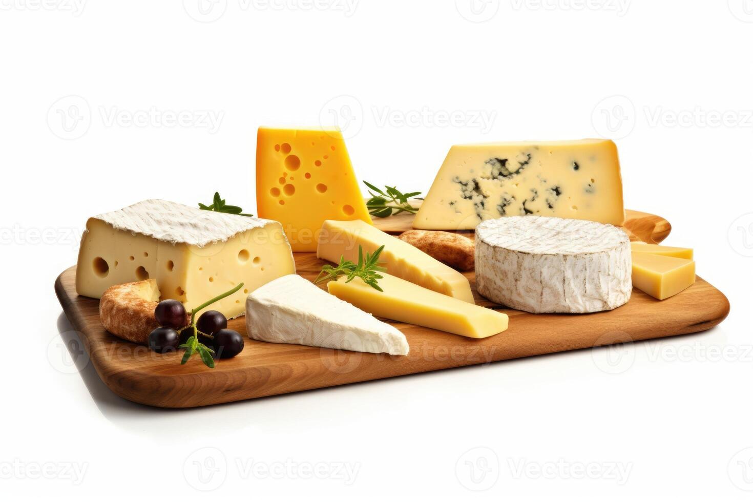 Wooden board with different types of cheese on a white background photo