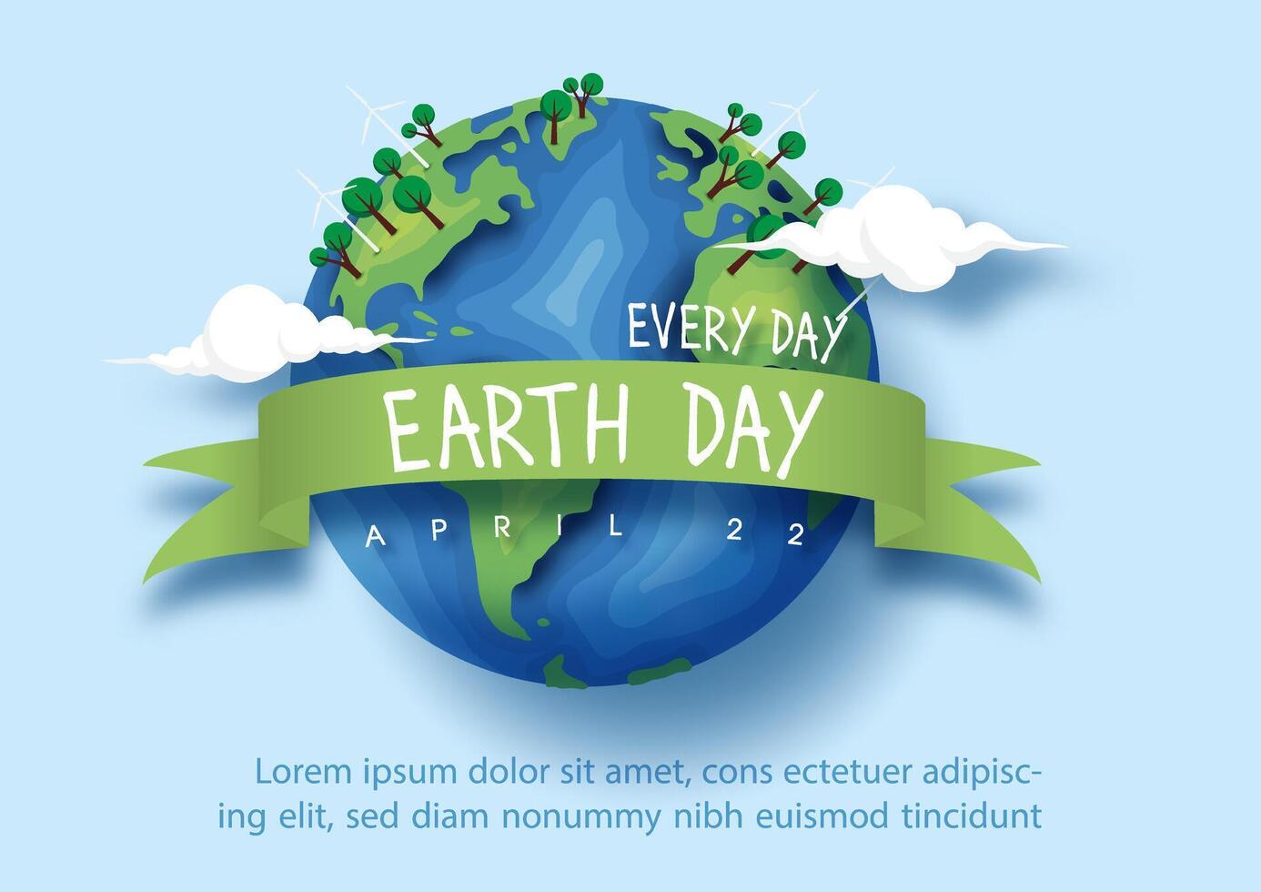 Poster campaign of Earth day with global planet and puffy clouds, wording of event and example texts on navy blue background. vector