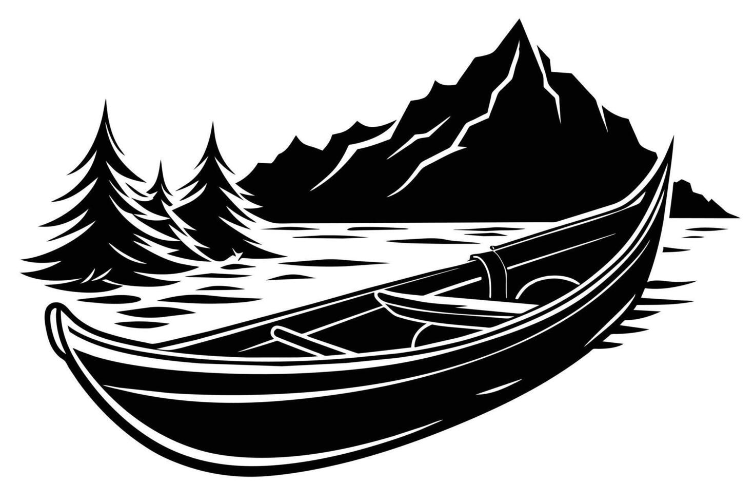 Vintage black and white illustration of a rowboat on a serene lake with mountains. vector