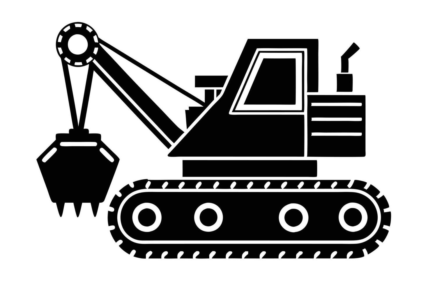 A illustration of a black and white heavy-duty construction excavator. vector