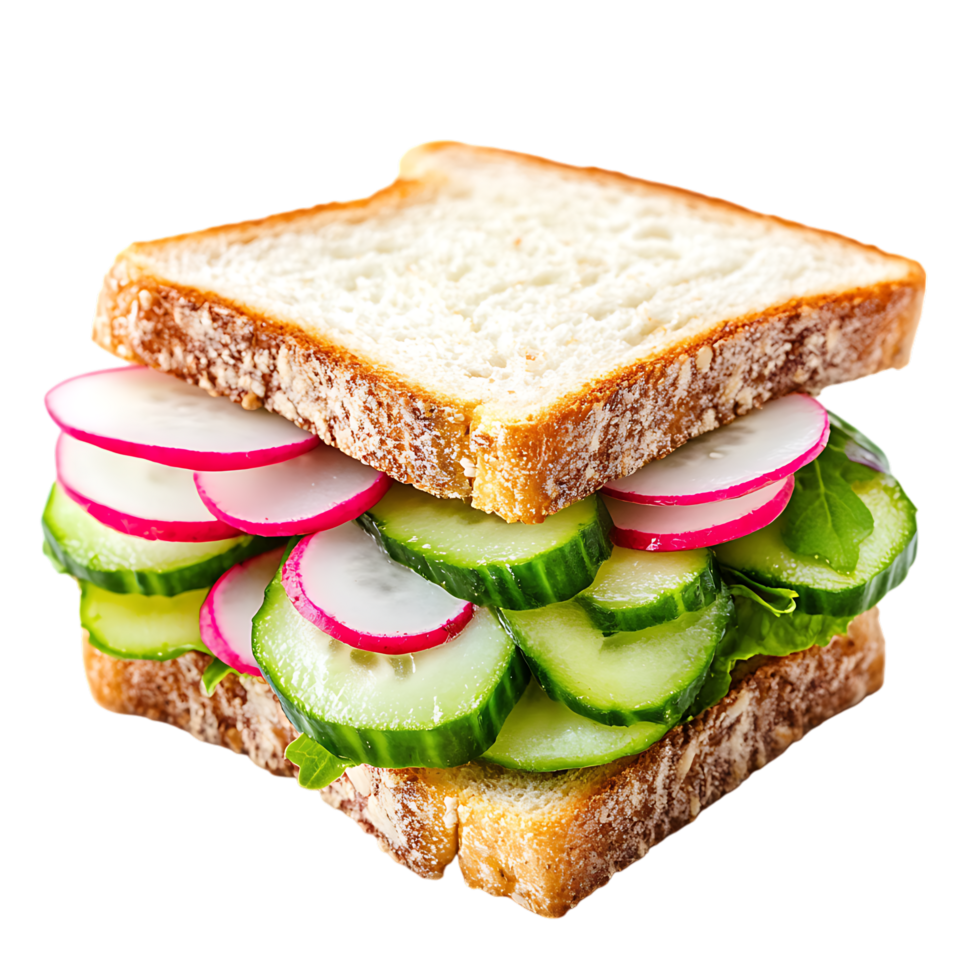 A sandwich with cucumbers and radishes on it against transparent background png