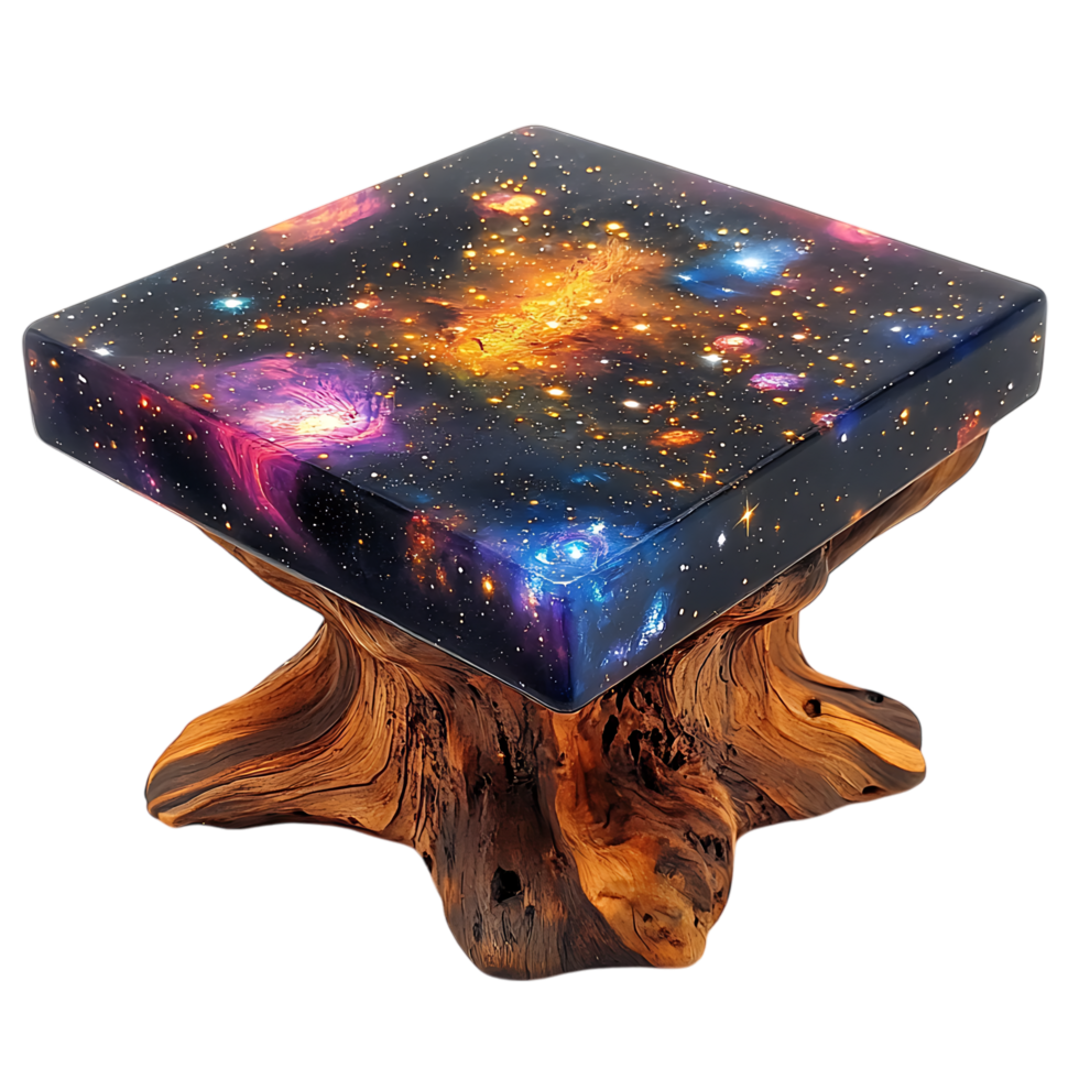 A table with a colorful galaxy design on it against transparent background png