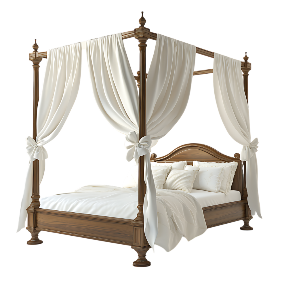 A bed with white curtains and pillows transparent background png
