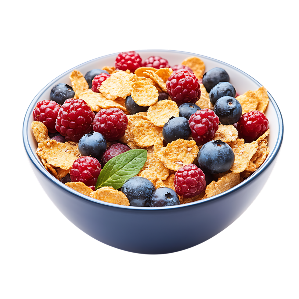 A bowl of cereal with berries and blueberries against transparent surface png