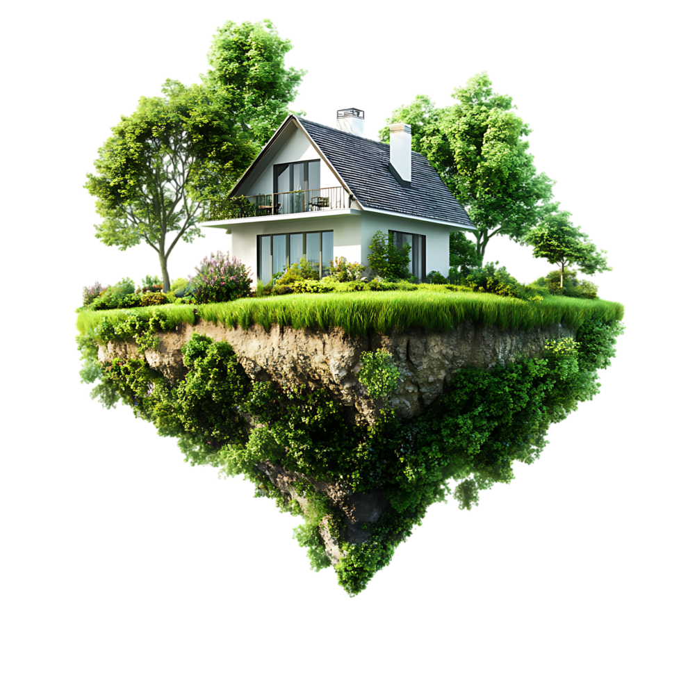 floating house in the air with trees and grass against transparent surface png