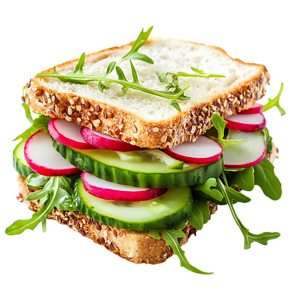sandwich with cucumbers and radishes on it over transparent background png