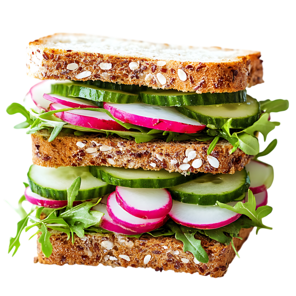 sandwich with cucumbers and radishes on it on over transparent background png