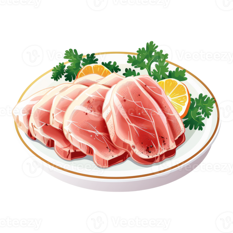 Meat on a plate with parsley and orange slices png