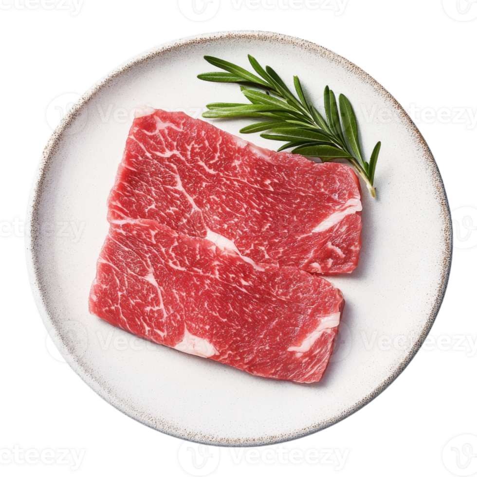 Two pieces of raw beef on a white plate with rosemary png