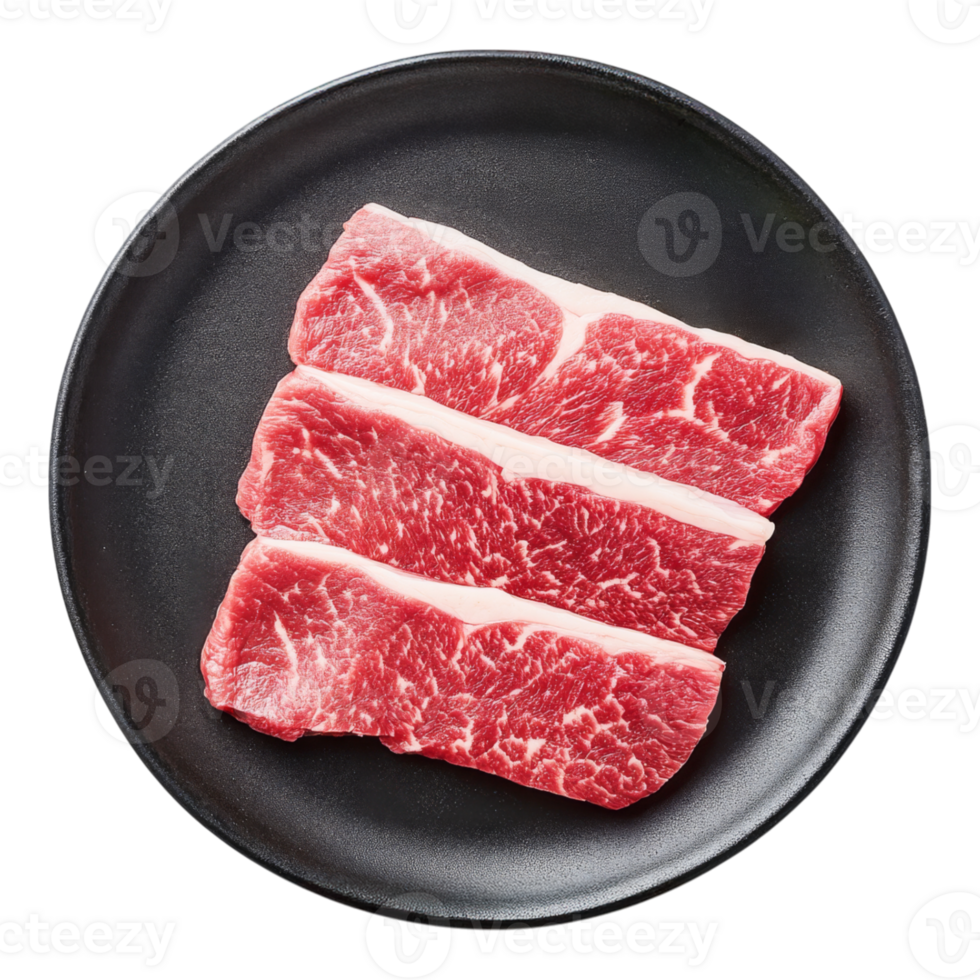 Three pieces of raw beef on a black plate png