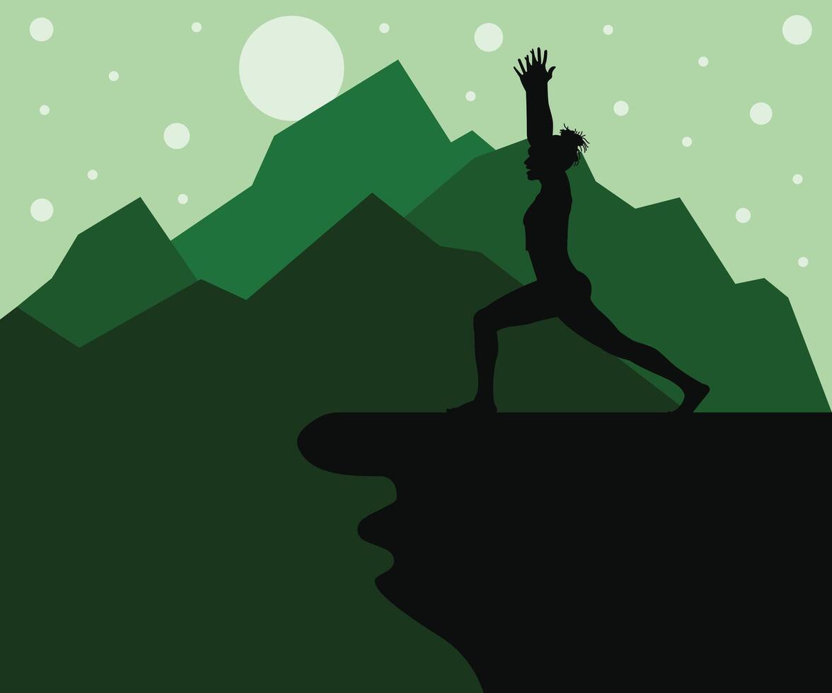 Yoga Warrior Pose on Mountain Silhouette vector