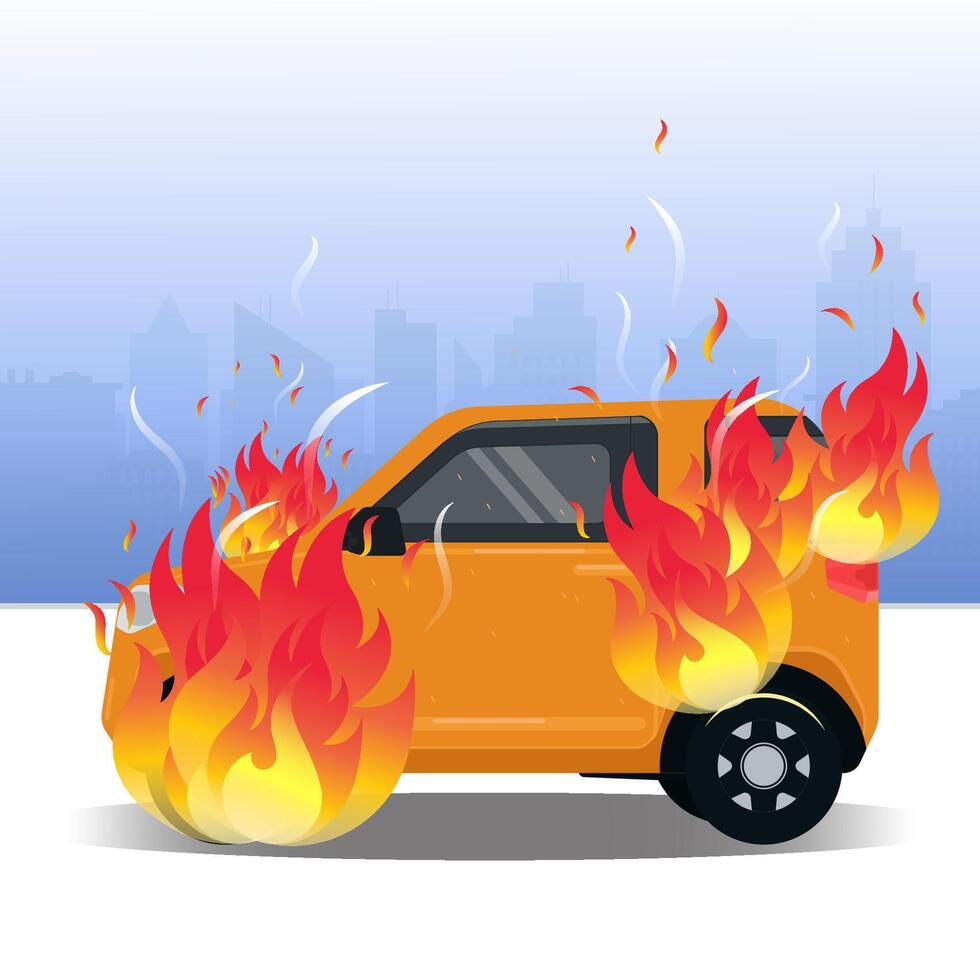 Fire at city car with yellow color illustration vector