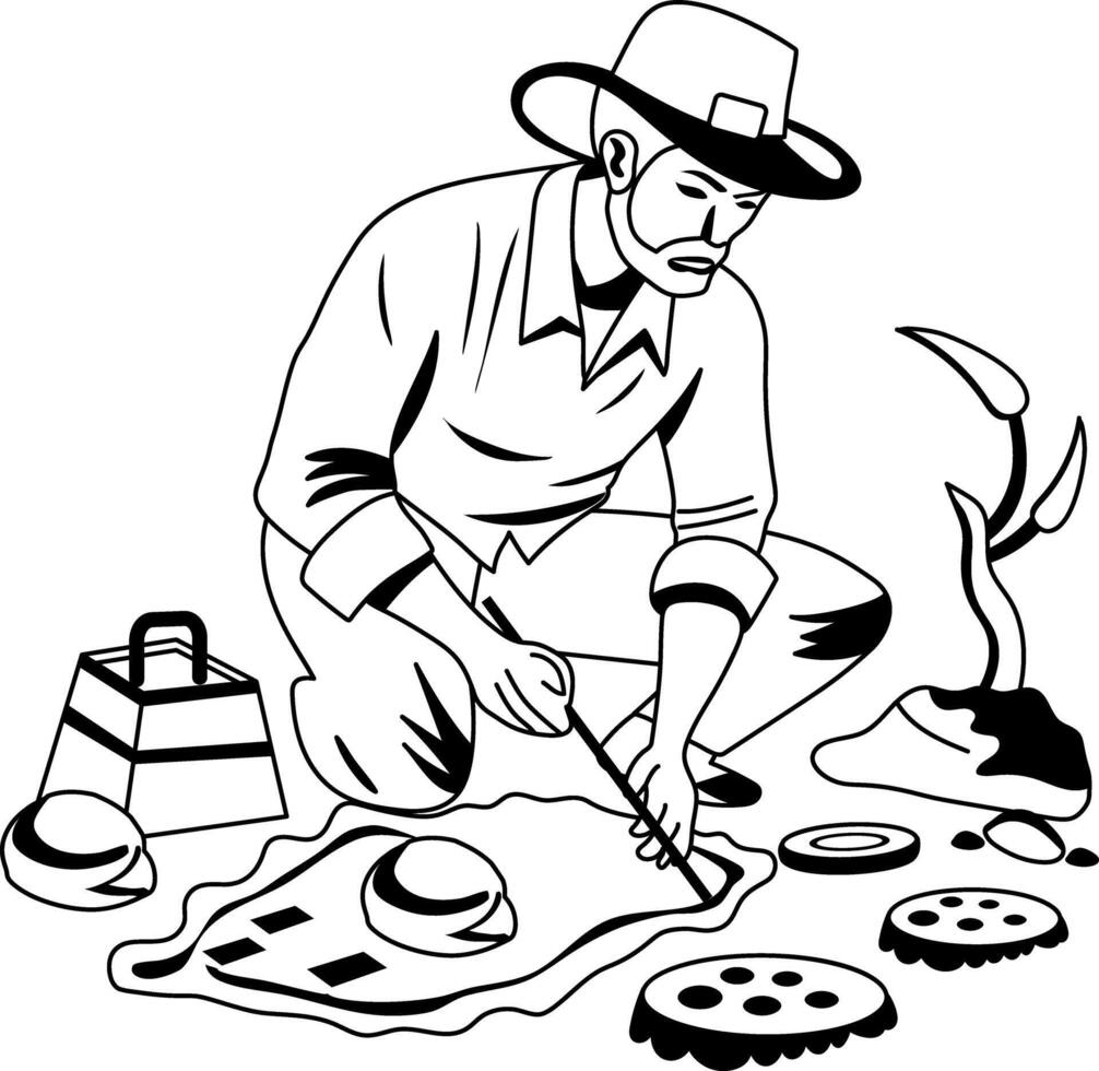 Archaeologist collecting different samples from ground, glyph style illustration vector