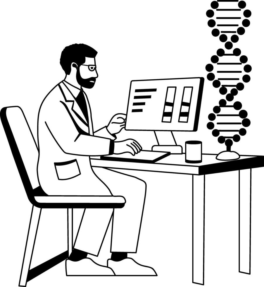 A glyph illustration of geneticist researching about dna structure vector