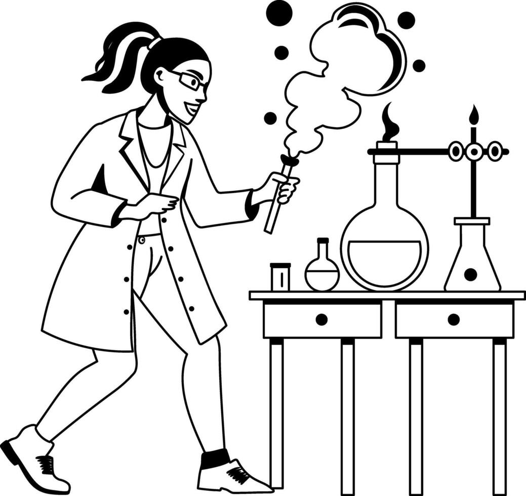 A glyph illustration of female researcher doing chemical expert in a lab vector