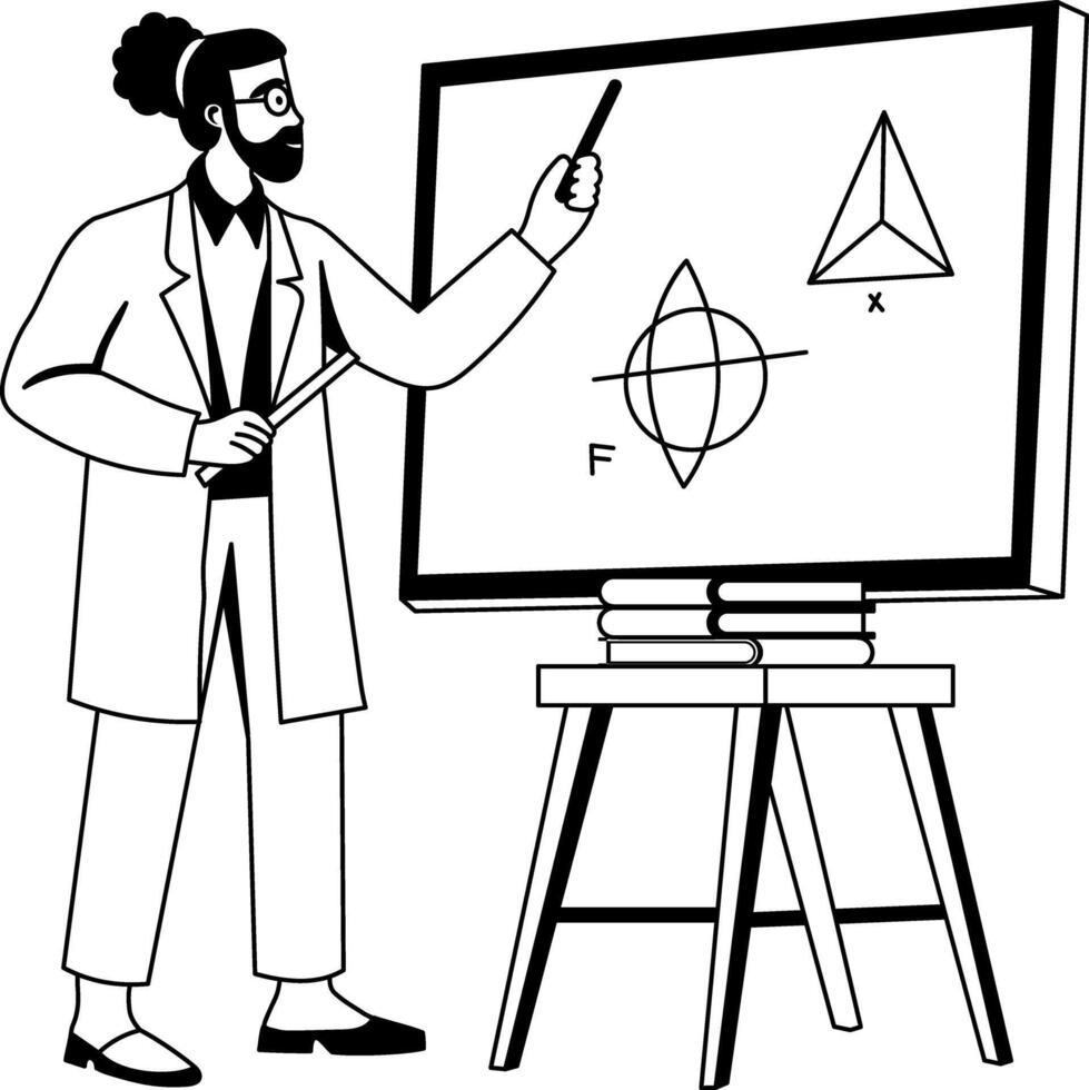 A glyph illustration of mathematician doing calculation on a black board vector