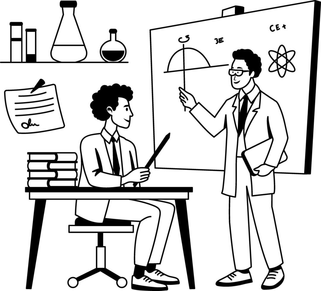 A glyph illustration of a physics teacher giving lecture to student vector