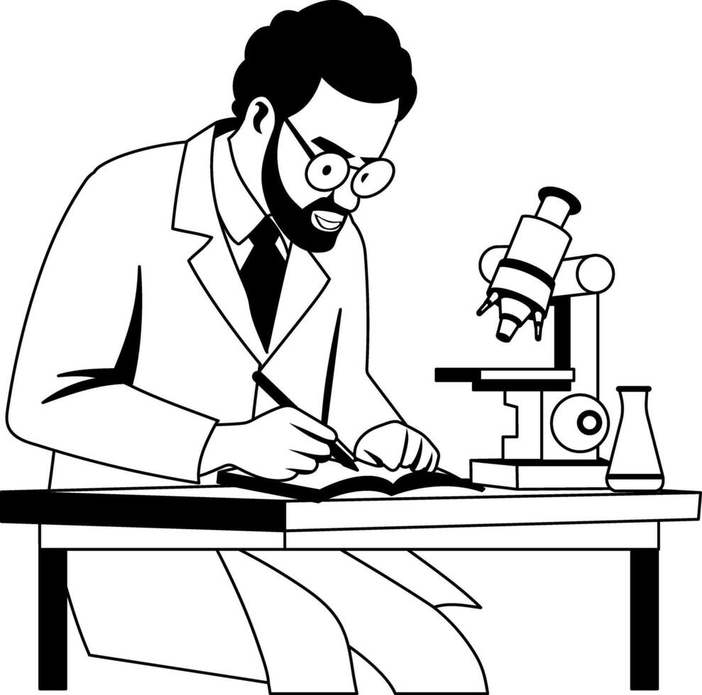 A glyph illustration of senior scientist write down its research in a book vector