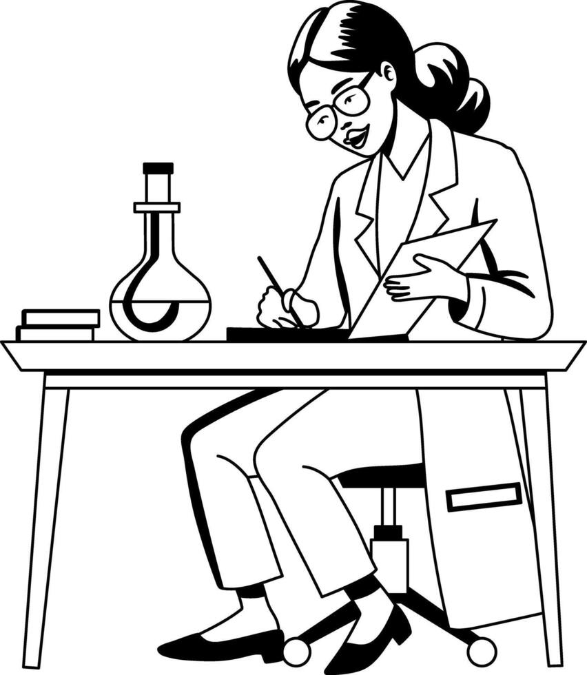 A glyph illustration of female researcher writing on a notebook vector