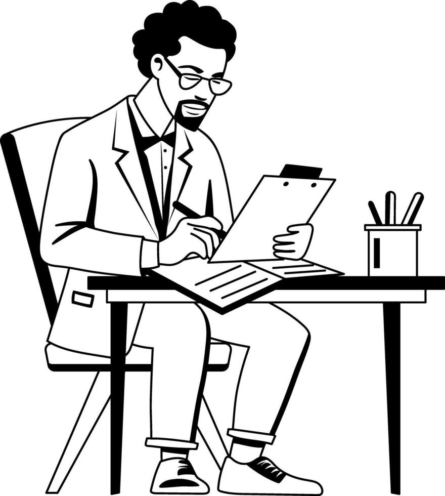 Scientist writing on a clipboard with pencil illustration in glyph style vector
