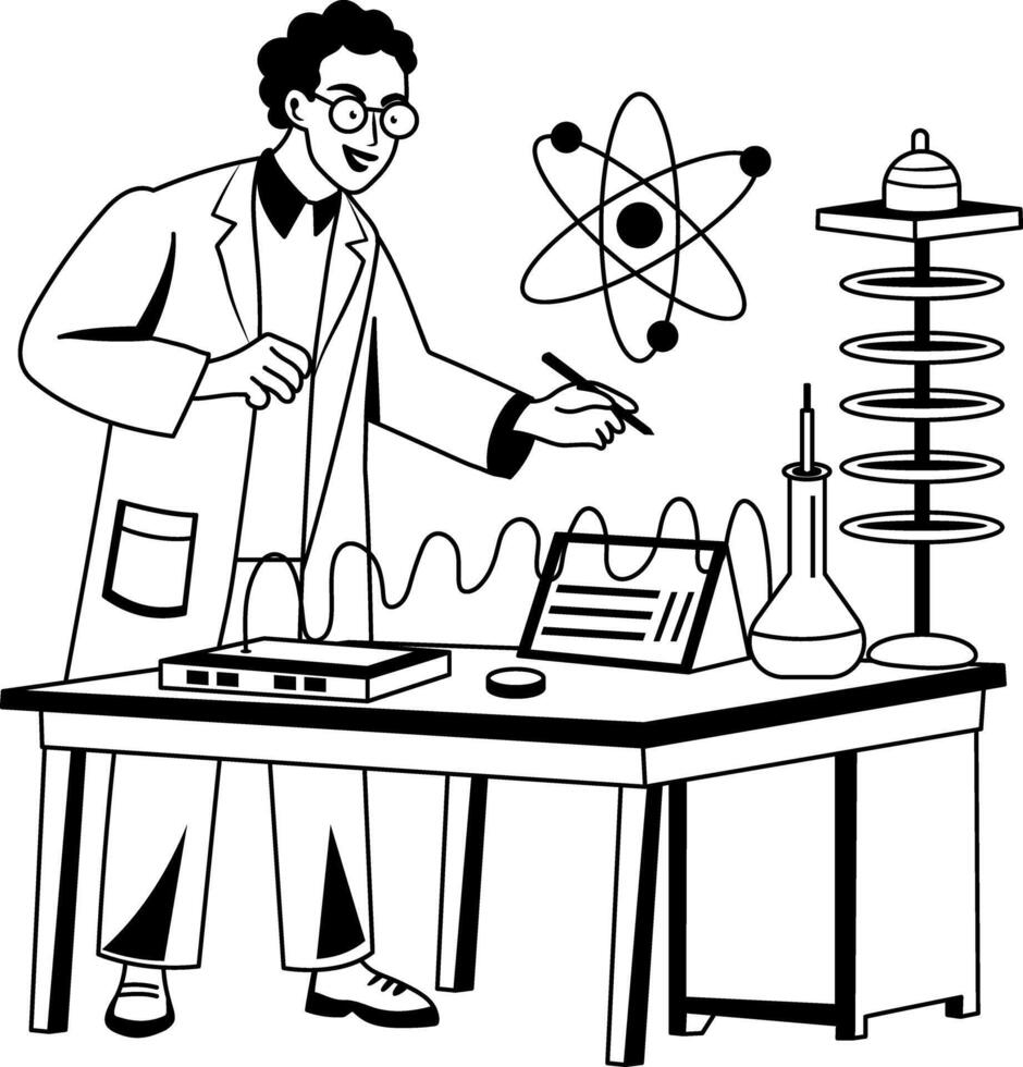 A glyph illustration of scientist doing physics experiment in a lab vector