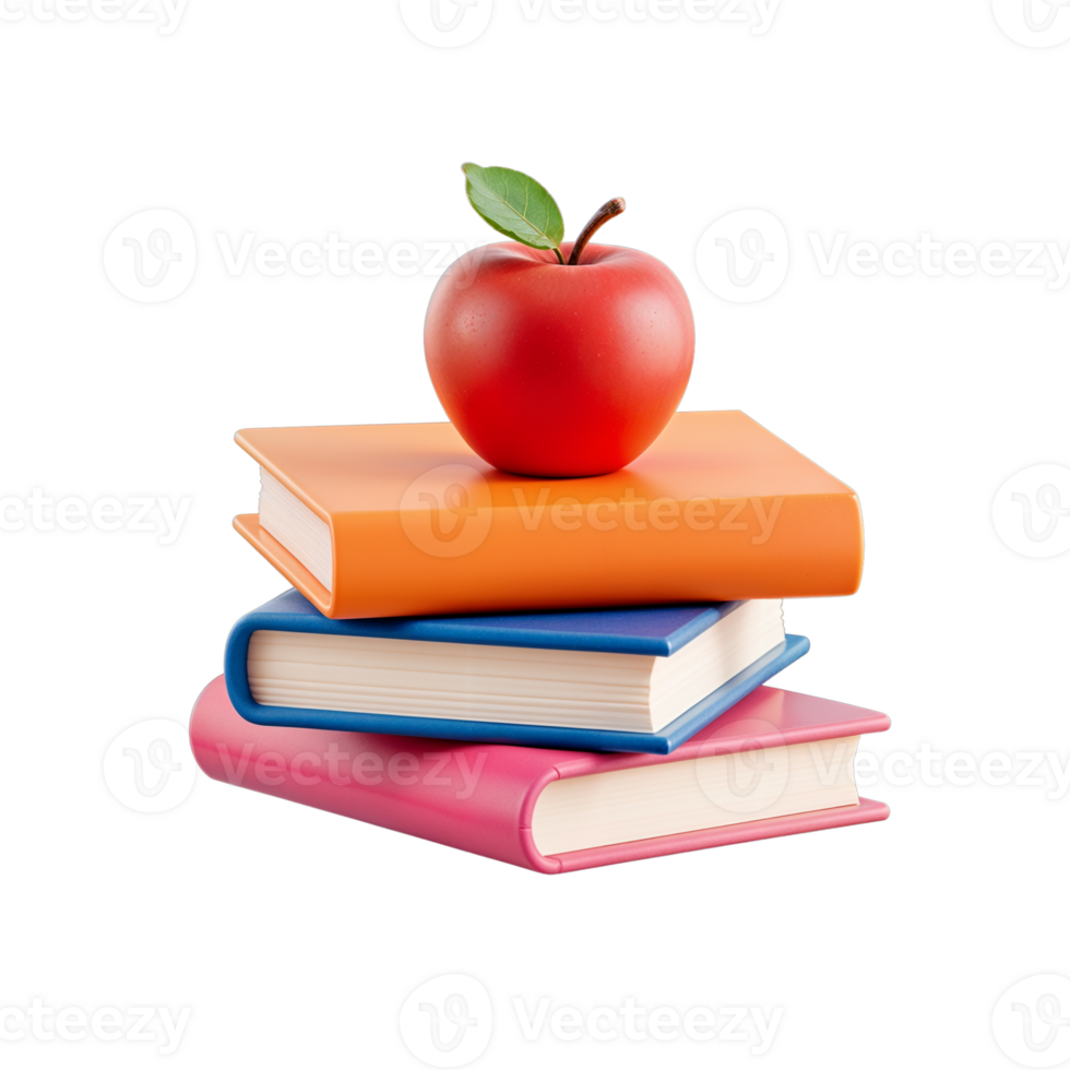 Stack of vibrant books topped with a shiny red apple png