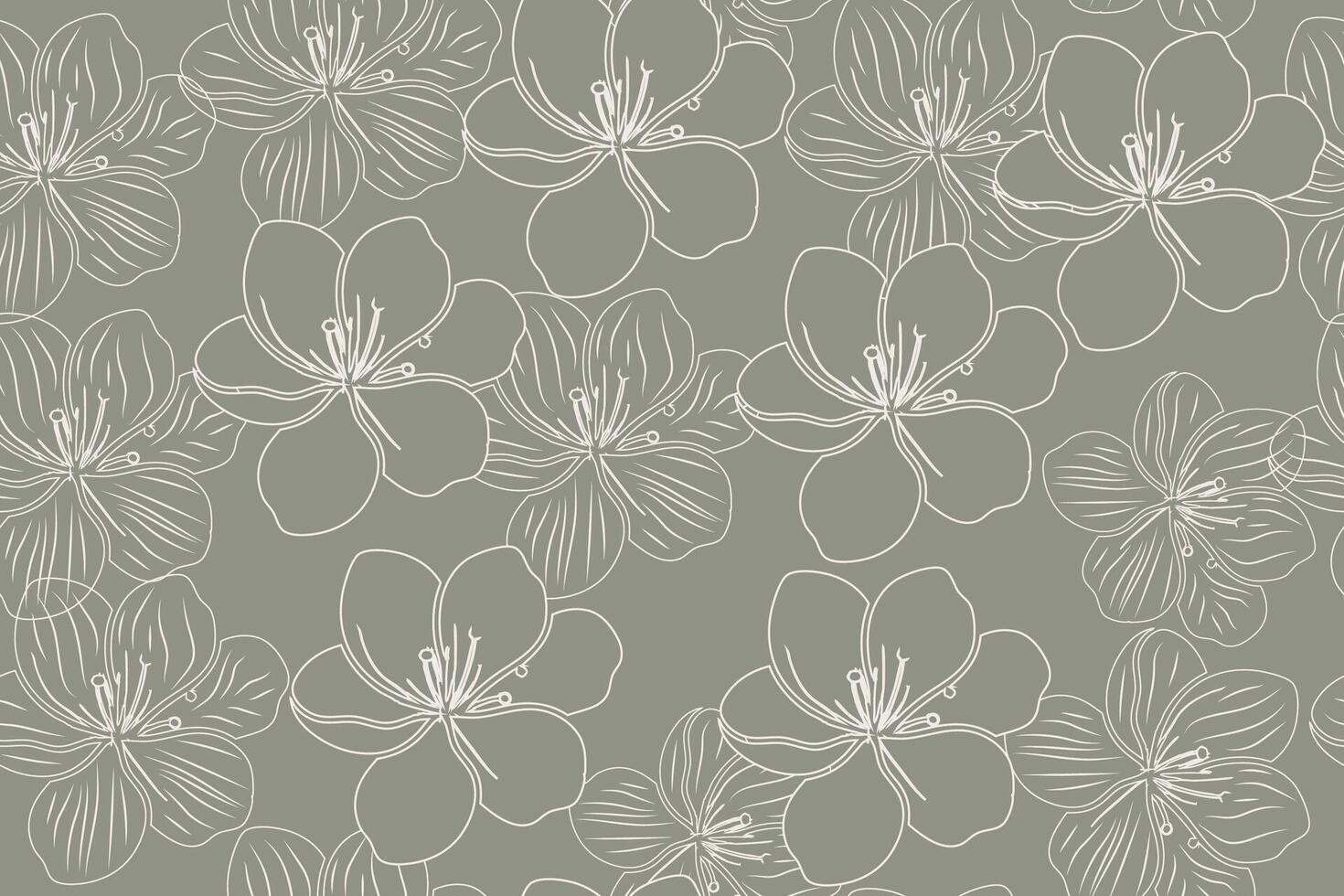 Hand-Drawn Floral Pattern in Soft Sage Green and White Elegant Botanical Seamless Design vector