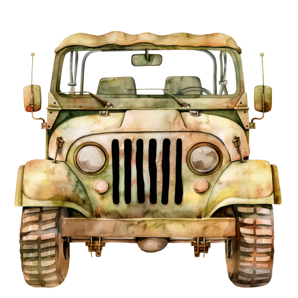 Watercolor cute vintage safari car of soldier army for travel and camping clip art element illustration png