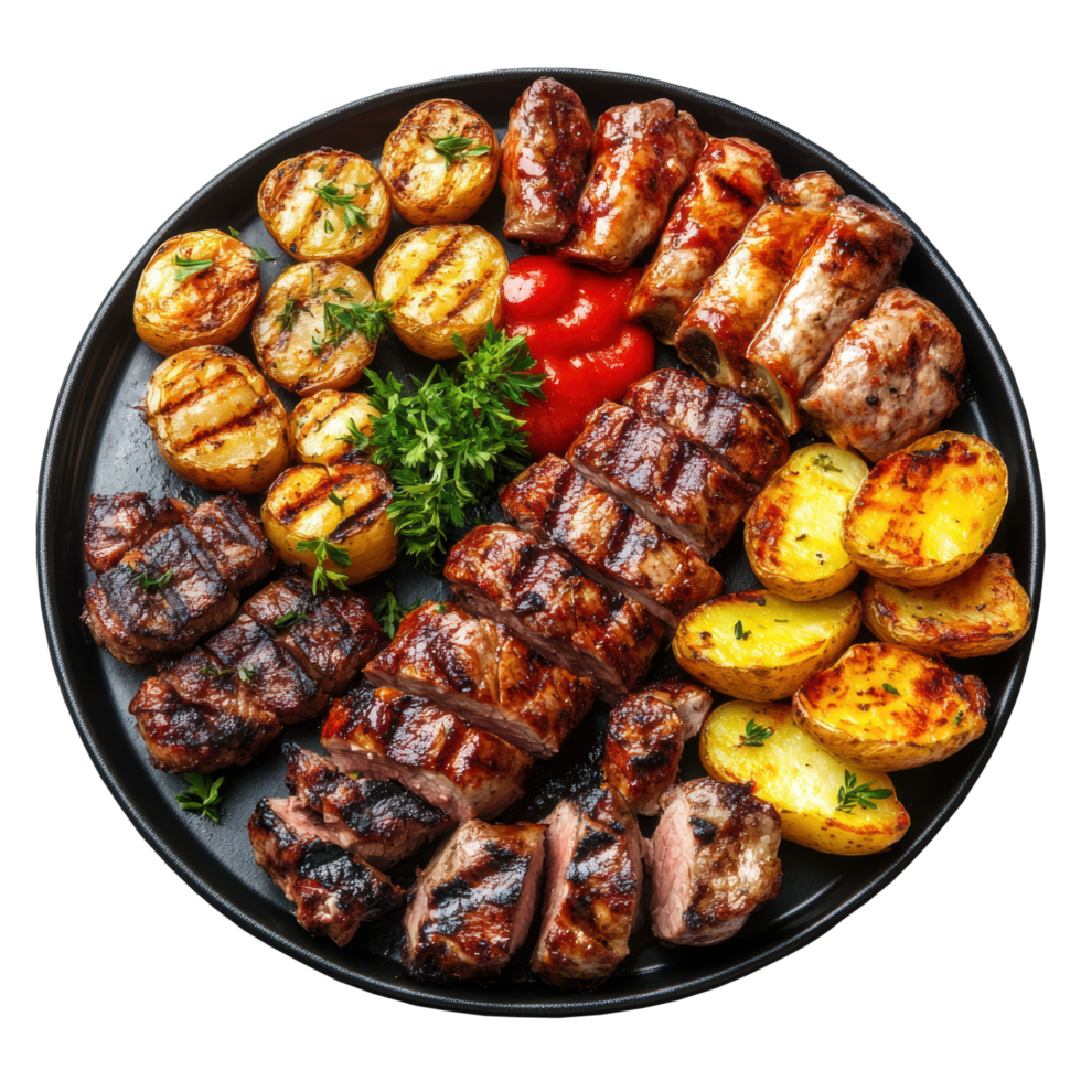 Deliciously barbecue grilled meat with potato and mixed grill platter and tomato ketchup with sauce. Top view png
