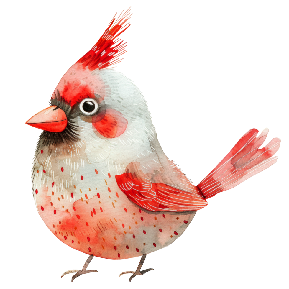 Watercolor cute red and white cardinal bird wildlife animal cartoon character clip art element illustration png