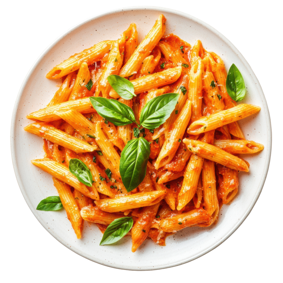 Penne alla Vodka pasta in tomato cream sauce with basil vegetable topping on white dish. Top view png