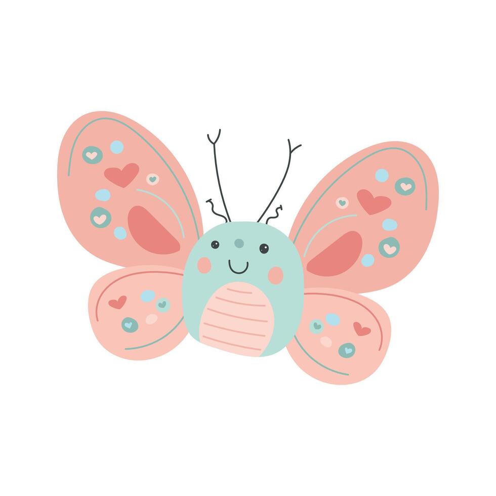 Smiling blue butterfly with pink heart wings and playful expression, ideal for girly clipart, pastel wildlife prints, and fun kids decor vector