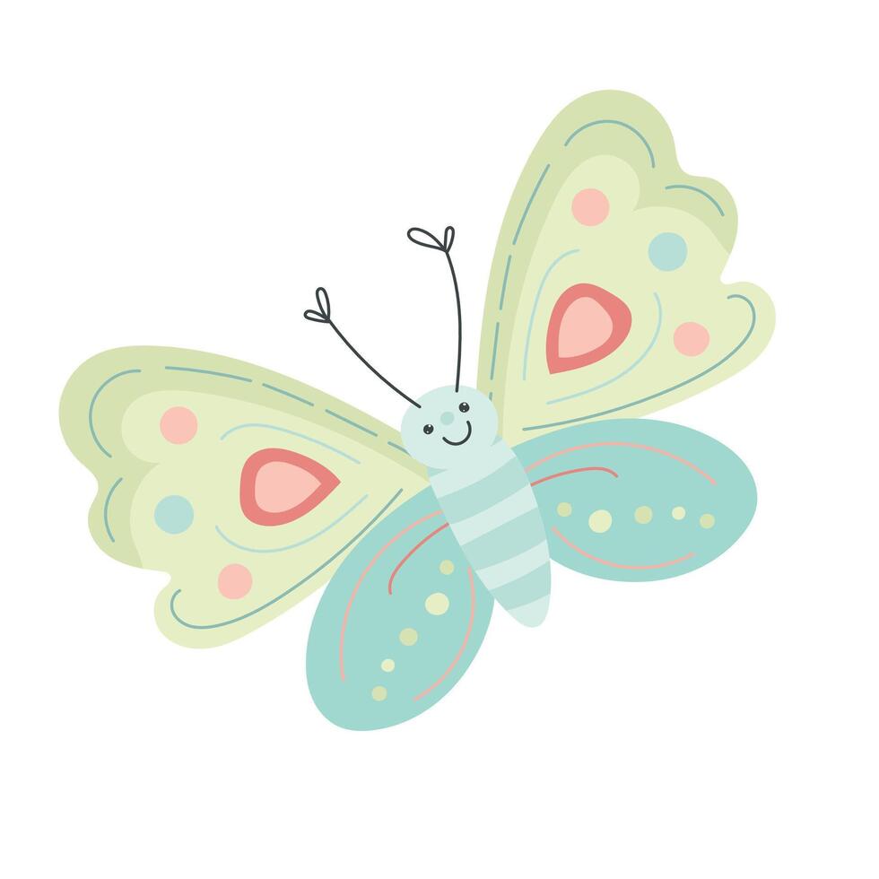 Bright mint butterfly with dotted green wings and sweet smile, great for spring greeting cards, children decor, and light whimsical patterns vector