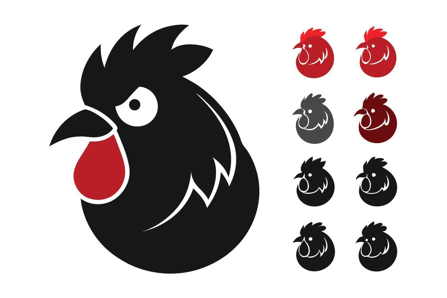 This image features six stylized, cartoon rooster silhouettes against a pure white background. vector