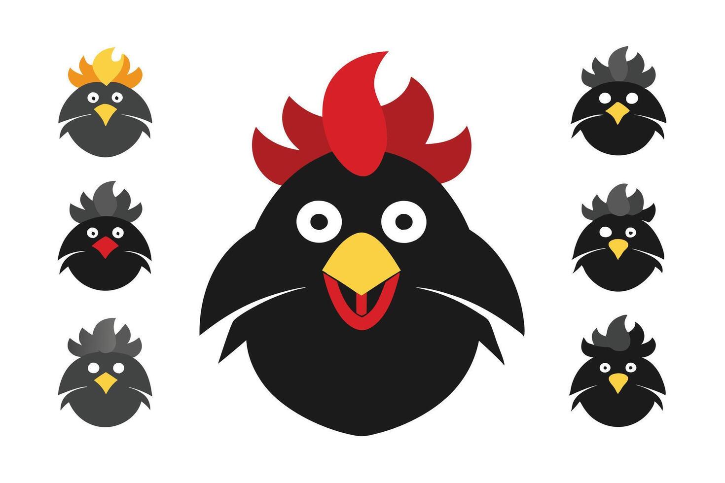 Simple, stylized black silhouettes of rooster heads in various profile views. vector